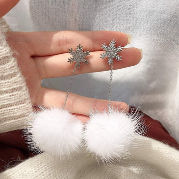 Autumn New Fashion Long Mink Fur Fluffy Hairball Dangle Earrings For Women Girls Party Jewelry Crystal Snowflake Drop Earring daiiibabyyy
